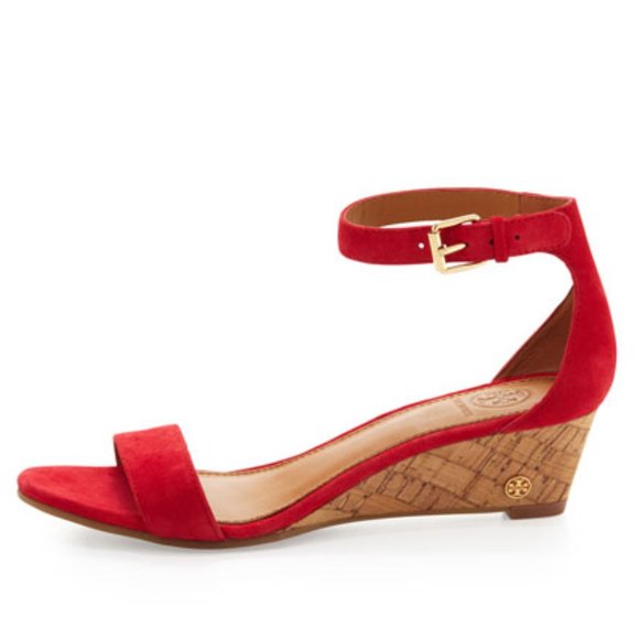 Tory Burch Savannah Wedge Red Suede Sandal Size 8 - Picture 2 of 10